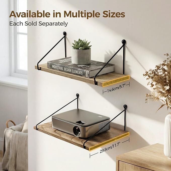 Afuly Floating Wall Shelves Rustic Wall Mounted Hanging Shelf Farmhouse Wall Bookshelf for Bathroom Kitchen Dining Living Room Wood Metal Organizers, Set of 2