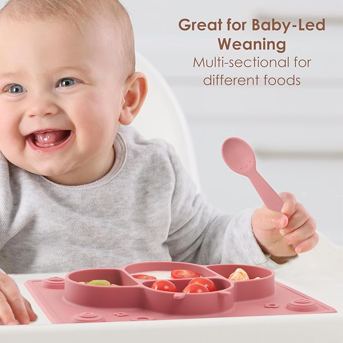 ROCCED Suction Plates for Baby placemat Spoon Fork Set for Toddlers, Silicone Baby Plates with Suction Baby Dishes for Kids Plates-Dusty blue