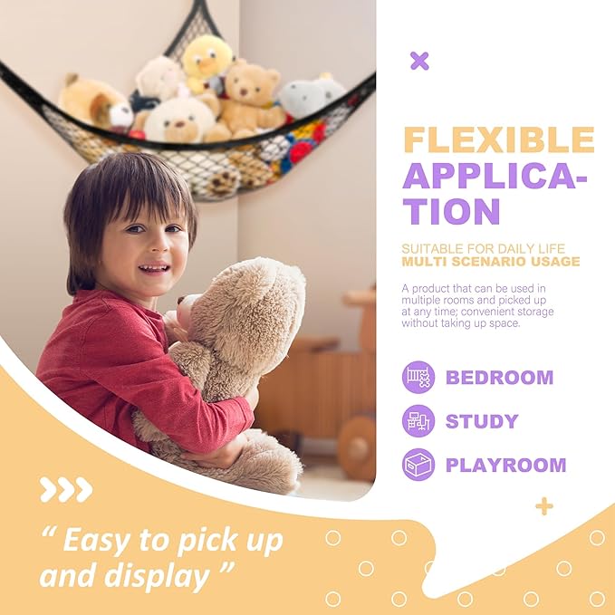 Lazebox Stuffed Animal Net Hammock for Plushie Toys, Stuffed Animal Hammock Corner for Kids' Room Decor, Ideas for Organizing Stuffy Collection, Black, L (67" x 40" x 40")-Pack of 1