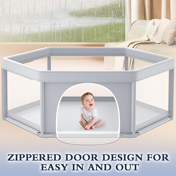XVISHX 65x65 Inch Hexagonal Baby Playpen, Playpen for Babies and Toddlers, Baby Play Pen Playard for Indoor & Outdoor Active Center Game Fence, with Skin-Friendly Fabric and Soft Breathable Mesh