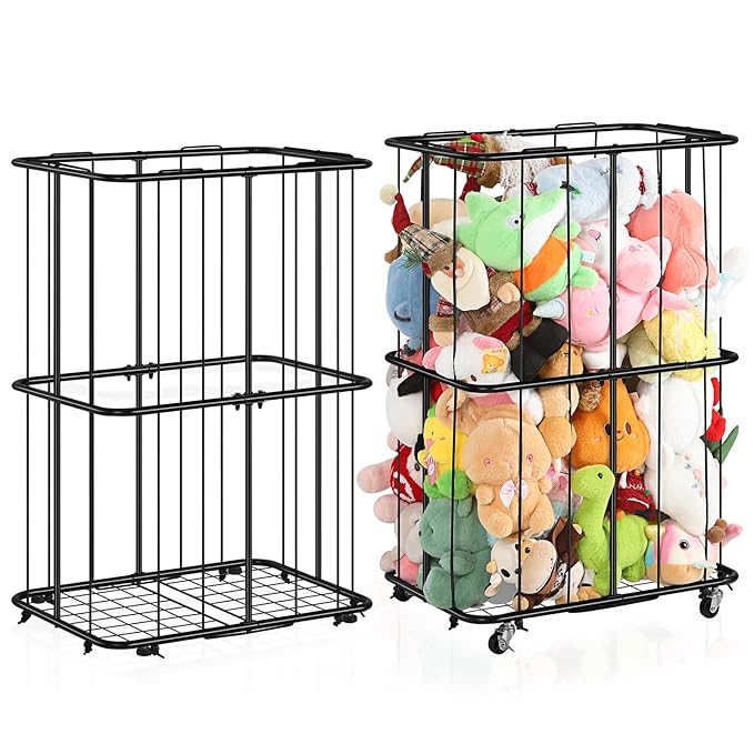 OYEAL Stuffed Animal Zoo Storage Metal Stuffed Animal Organizer With Wheels Ball Storage Rack Stand Plush Storage Holder With Elastic Band for Nursery Play Room Bedroom, Easy To Assemble, Black