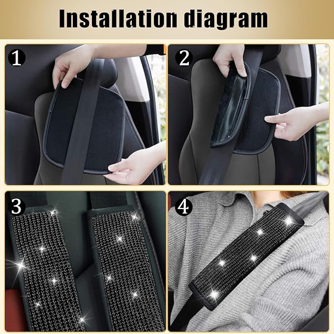 JDDRY 4-Pack Bling Seat Belt Covers,Bling Seat Belt Covers for Womens,Car Seat Belt Strap Cover Shoulder Pad,Universal Car Interior Accessories Fit for Car/Truck/SUV(Black,4PC)