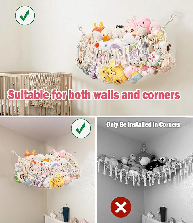 Stuffed Animal Net Hammock, Premium Cotton Hand-knitted plush hammock, Save space Eliminate Clutter Boho Stuffed Animal Storage for Nursery, Bedroom Decor, playrooms