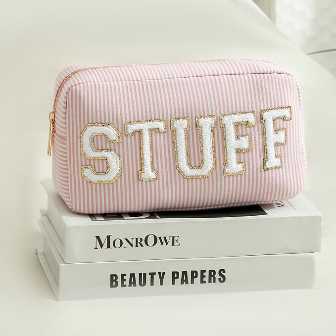 uekeboag Seersucker Chenille Letter Stuff Meds RX Makeup Bag, Travel Washable Purse Organizer with Zipper, Lightweight Toiletry Cute Personalized Preppy Cosmetic Bag For Women and Girls(02Pink Stuff)