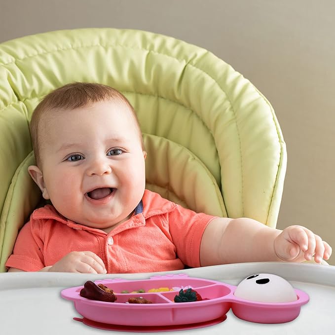 Baby Feeding Utensils Sets with Spoon and Forks 6 Pcs/Set Divided Silicone Suction Plates for Toddler Kids,Baby Feeding Dish BPA Free Microwave Dishwasher Safe-Green Pink Tortoise Sets