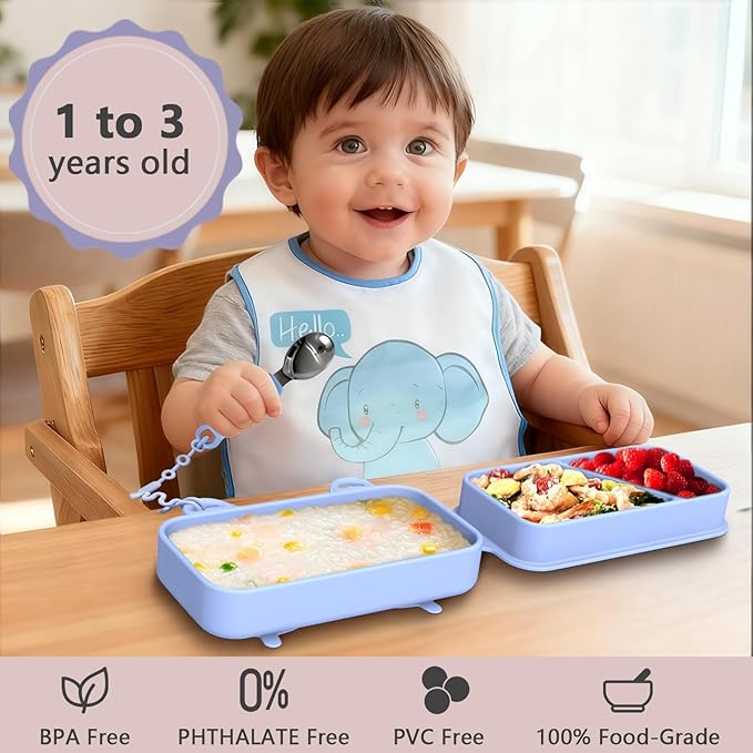 Travel Silicone Baby Feeding Set, 9pcs Portable Feeding Supplies, Toddler Suction Plates, 316 Stainless Steel Spoon & Fork, Silicone Baby Toy Straps, Lightweight Foldable Bib, Straw, Storage Bag