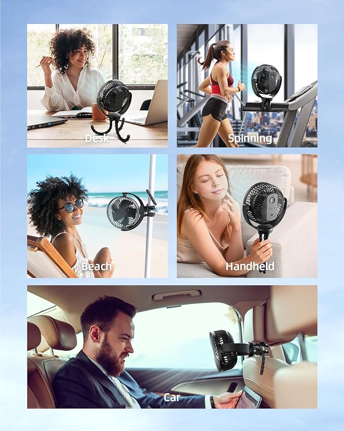 Koonie 5000mAh Portable Stroller Fan - 3-Speed Battery Operated, Flexible Clip-on Tripod, 360° Rotate Flexible Tripod,USB Rechargeable Cooling for Bike, Treadmill, Travel & Car Seat