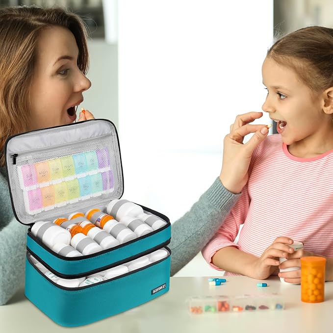 LEFOR·Z Medicine Storage Bag,Double Layers Pill Bottle Organizer Bag Empty with Lockable Zipper&Adjustable Divider,Medication Travel Carrying Bag for Pills,Vitamins,Medical Supplies,Teal Color