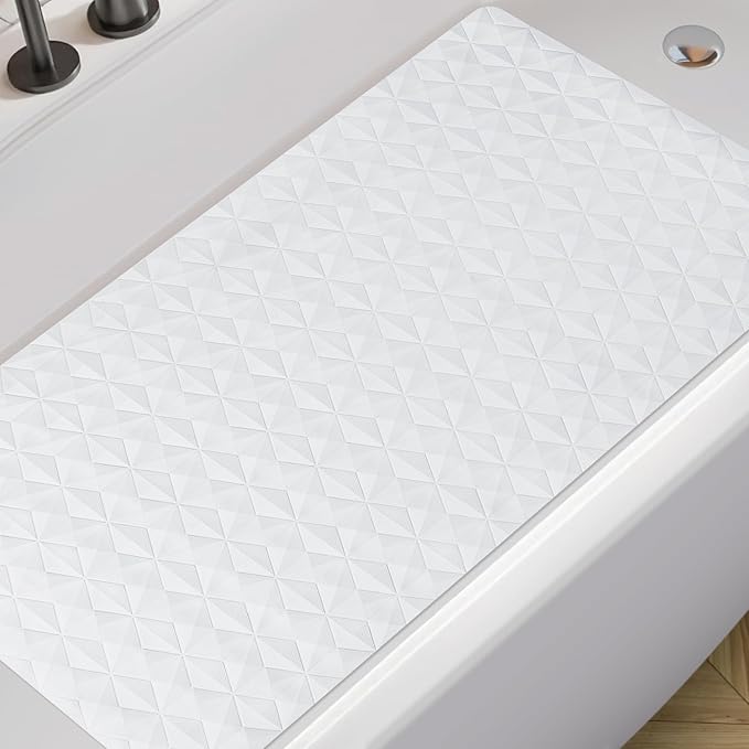 WRISIN Non Slip Bathtub Mat for Bath Tub Shower Safety - Natural Rubber Mat with Suction Cups & Drain Holes - BPA/PVC Free Large Bathroom Mat - Machine Washable - Unique Diamond Pattern - 17 × 35 Inch