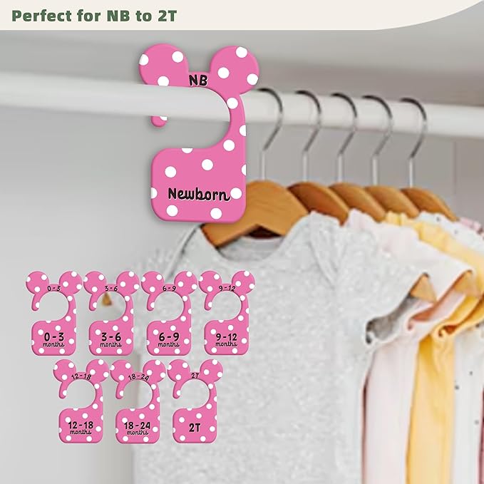 JMOST Girl Baby Closet Dividers for Nursery Closet Organizer, Newborn to 24 Months Size Clothes, Cute Pink Hangers with Size Dividers, Double Sided