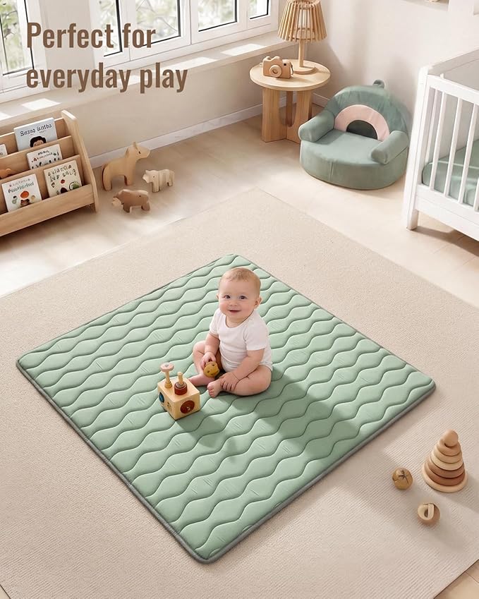 Blissful Diary Portable Baby Play Mats for Floor, 43" X 43" Thicker Cushioned Foldable Baby Crawling Mat for Indoor Outdoor, Non-Slip & Washable Kids Playmat for Tummy Time Activity, Sage Green