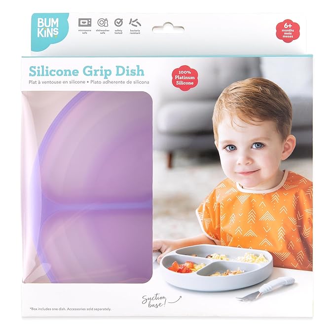 Bumkins Toddler and Baby Suction Plate, Silicone Divided Grip Dish for Babies and Kids, Baby Led Weaning, Children Feeding Supplies, Non Skid Sticky Bottom, Ages 6 Months Up, Purple Jelly