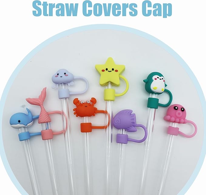 8Pcs Cute 10mm Marine Animal Straw Covers Cap for Stanley Cup,Silicone Straw Toppers Compatible with Stanley 30&40 Oz Tumblers with Handle, Dust-Proof Reusable Lids Tumbler Cup Accessories