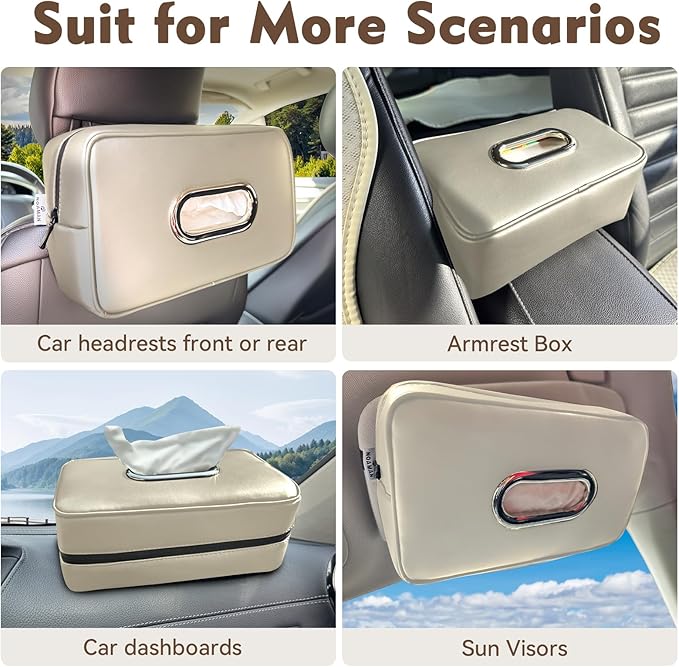 Noaman Upgraded Large Car Tissue Holder Premium PU Leather Tissues Box Cover Backseat Rectangular Napkin Holder for Car Fits for 120 Standard Kleenex Tissues Box for Car Organization Accessories Beige