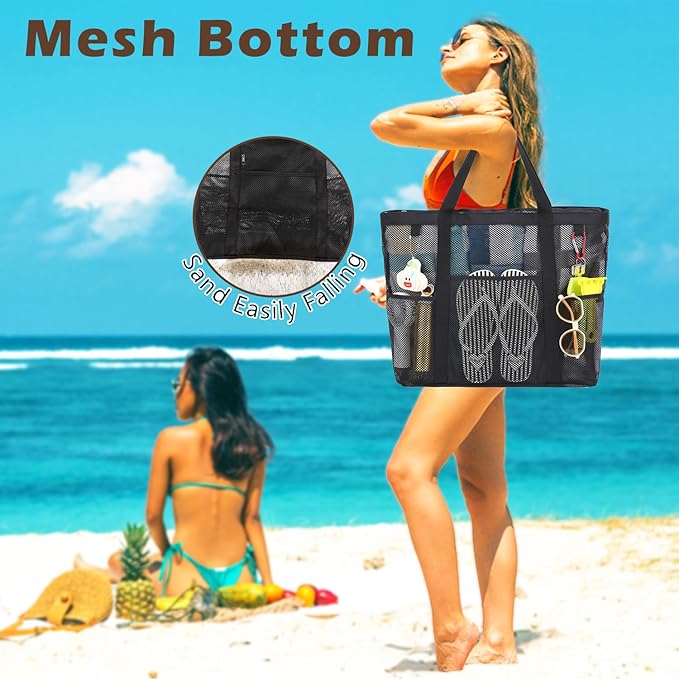 Mesh Beach Bag, Large Beach Tote with Zipper Pocket for Family Pool Bag for Toys & Vacation Essentials