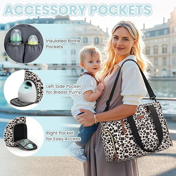 Pritent Diaper Bag Tote for Working Mom, Large Travel Diaper Tote for Mom and Dad with 14 Inch Laptop Sleeve, Mommy Maternity Travel Baby Bag for Boys and Girls, Leopard
