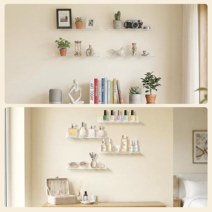 Lifewit Floating Shelves for Bathroom, 14" Clear Wall Organizer for Makeup, Perfume, Figures, Photo, Decor Shelf for Nursery, Living Room, Bedroom, Kitchen, Over Toilet Storage Rack, Clear, 4 Pack