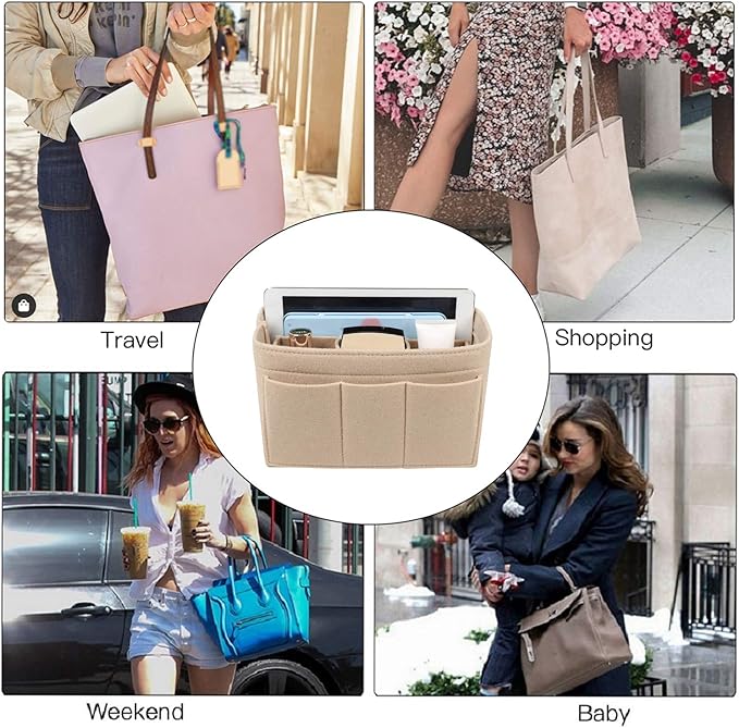 ZTUJO Purse Organizer Insert, Felt Bag Organizer For Handbag Purse Organizer, 13 Colors, 6 Size ((Slender Large, Beige)