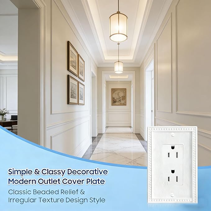 Mid-Size 20 Pack Decorator Wall Plates 1-Gang Switch Outlet Electrical Cover Plate Unbreakable Thermoplastic Faceplate for Light Receptacle Outlet Switch, Classic Beaded Relief Design, White