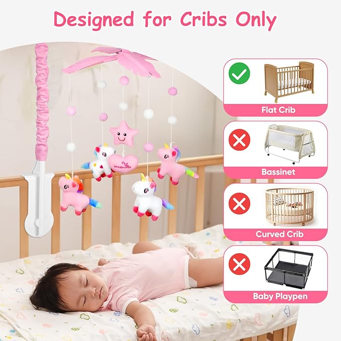 Baby Crib Mobile with Rotating Music Box and 28” Mobile Arm, Unicorm Crib Mobile for Baby Girls with 6 Plush Toys 35 Lullabies, Musical Nursery Mobile, Pink Nursery Decor, Crib Toys for Infant Baby