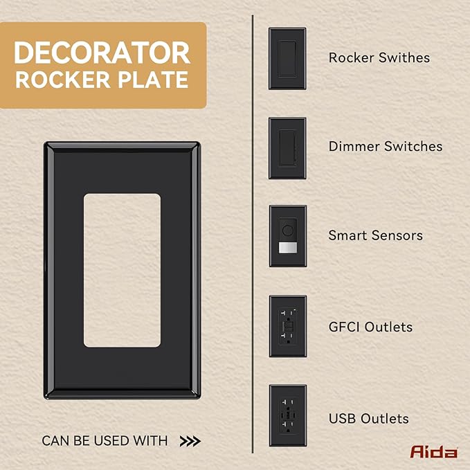 AIDA 1-Gang Screwless Decorator Wall Plates, Standard Size Unbreakable Thermoplastic Faceplate Cover for Decorator Receptacle Outlet Switch, UL Listed (10 Pack, Glossy Black)