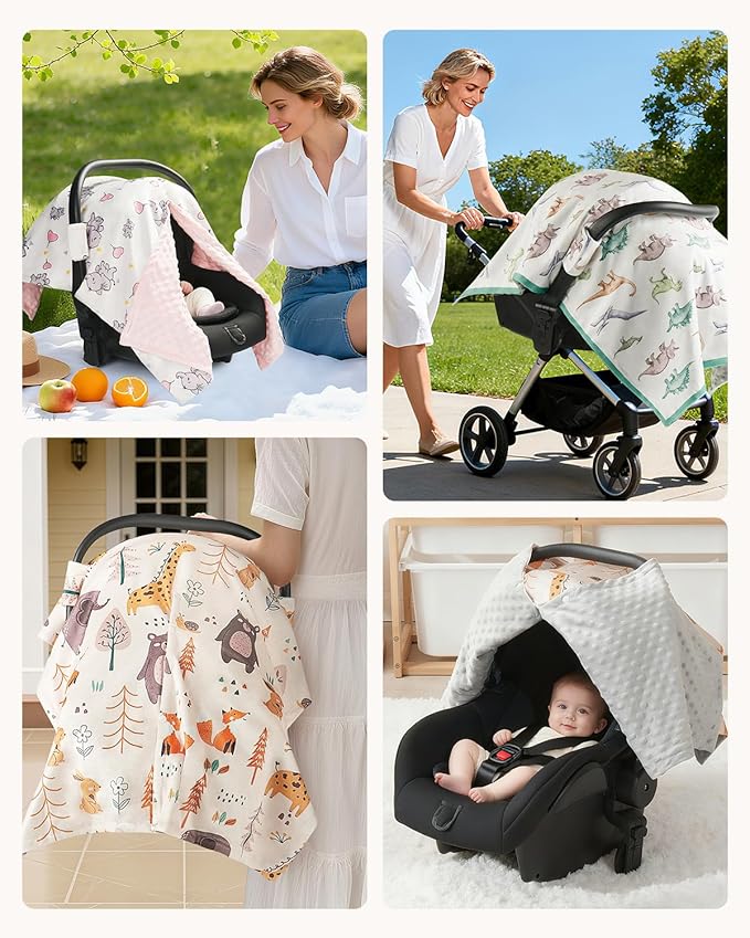 Infant Car Seat Cover Winter Minky - Baby Car Seat Canopy with Snap Peekaboo Opening, Multi-Use as Stroller Cover, Nursing Cover and Baby Blanket for Boys Girls (Beige)