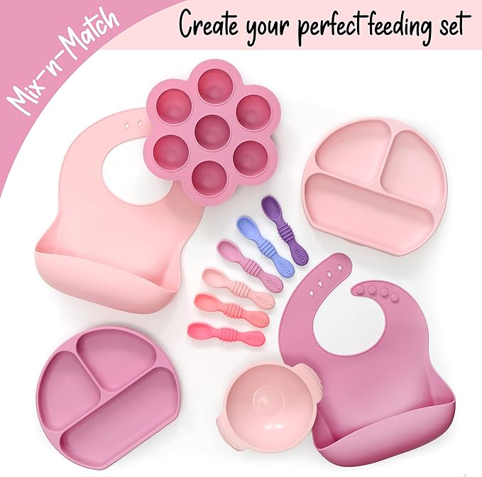 PrimaStella Unbreakable Silicone Non-Slip Bowl and Chew Spoon Set for Babies and Toddlers (Pink)