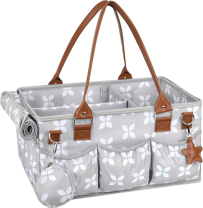 Moteph Diaper Caddy with Changing Mat, Large Baby Diaper Caddy Organizer with Lid, Portable Organizer Basket for Nursery and Car, Shoulder Strap and Pacifier Organizer
