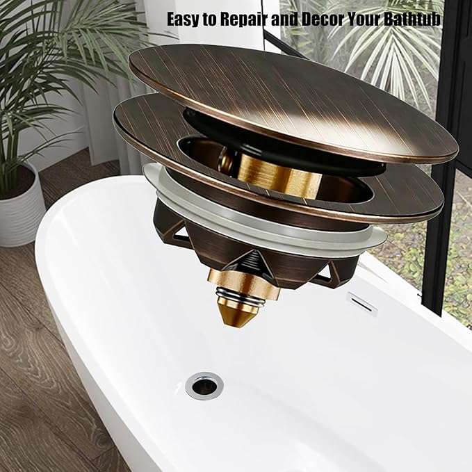 Anlige Bathtub Drain Stopper, Pop Up Tub Stopper and Cover, Bottom with Hair Catcher, Universal for 1.45 to 1.8in Drain, Replaces Old Drain Plug, Oil Rubbed Bronze