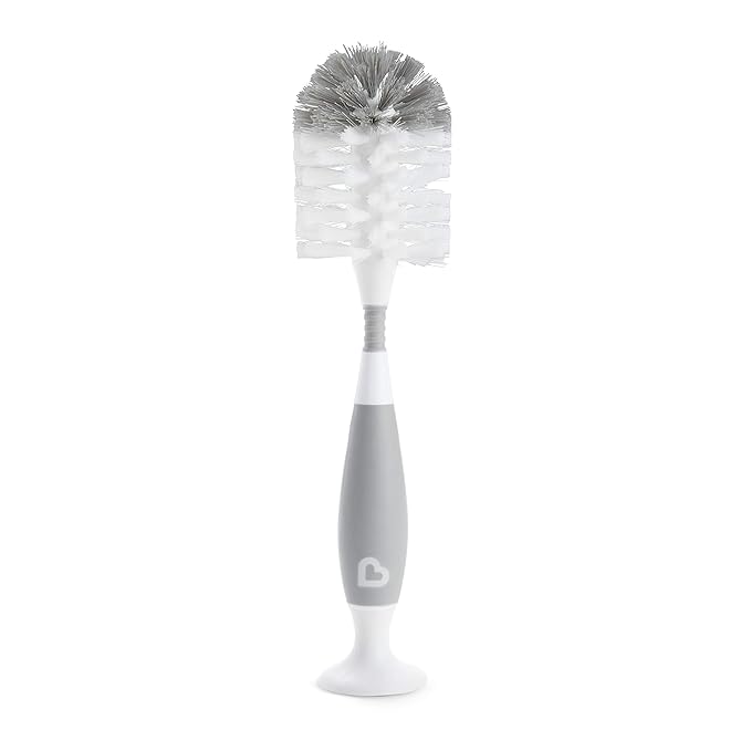 Munchkin Fold Baby Bottle Drying Rack and Bristle Bottle Brush Cleaning Essentials Set, White/Grey