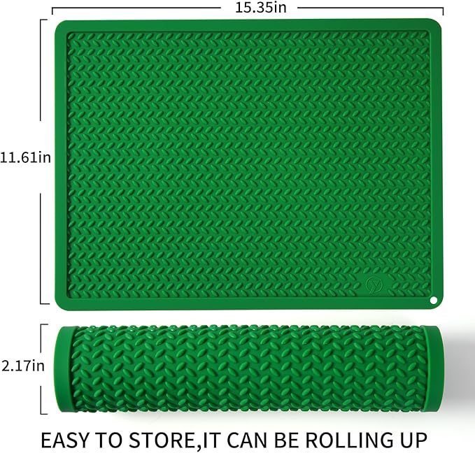 Silicone Drying Mat & Heat Resistant Mat for Kitchen Counter, Non-Slip Dishwasher Safe, Raised Edge for Dishes Bottles Sink (15.35x11.61in, Dark Green)