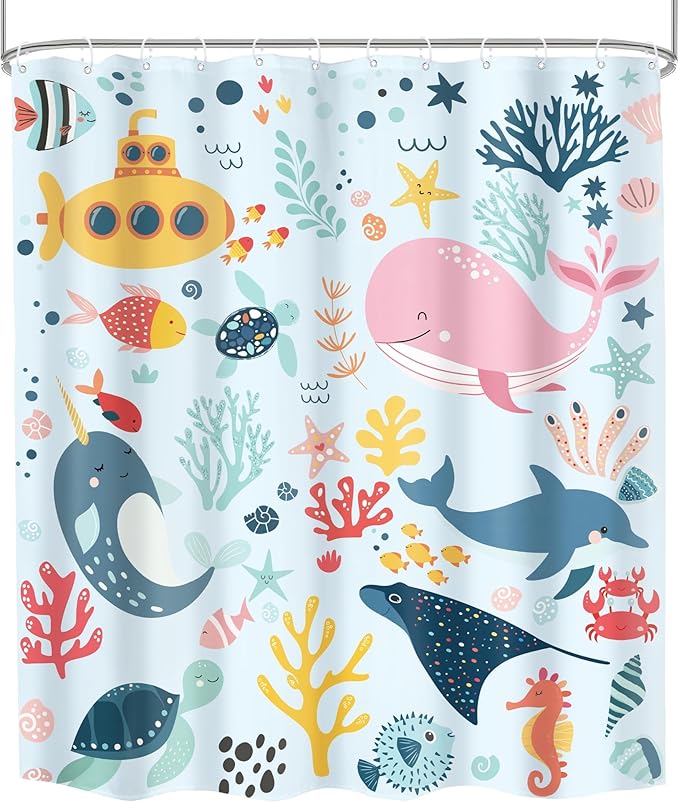 Blue Kids Shower Curtain 60Wx72H Kid Ocean Whale Funny Summer Cartoon Cute Fish Sea Animal Boy Girl Nursery Bathroom Decor Underwater Submarine Coastal Bath Curtain Polyester 12 Pack Hooks