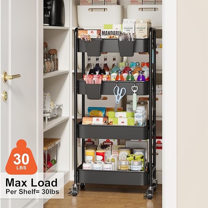 4-Tier Metal Rolling Cart with Wheels, Storage Utility Organizer Cart for Kitchen, Bathroom, Office, Baby Essentials & Makeup - Lockable Casters, Easy Assembly, Large Capacity, Black