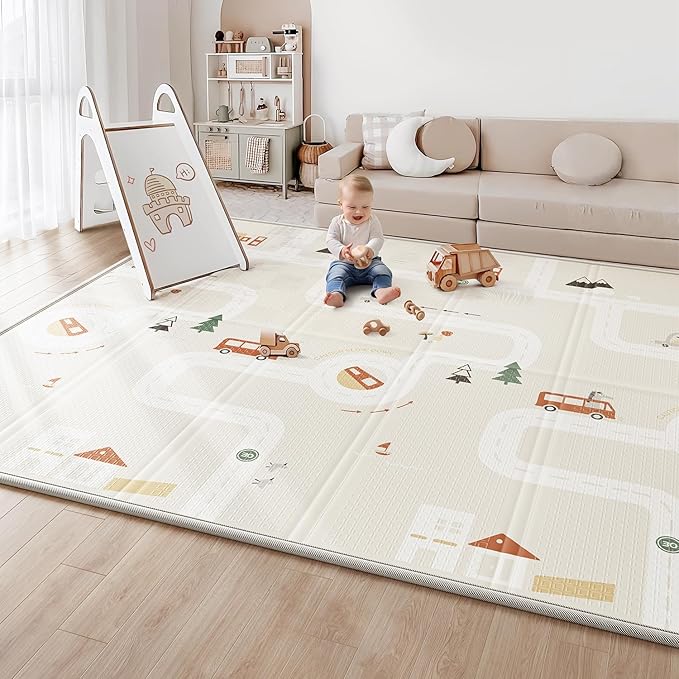 Baby Play Mat, Foldable&Waterproof Baby Play Mat for Floor, Reversible Foam Playmats for Babies Boy and Toddlers Infants, Edge Reinforcement Crawling Mat for Indoor&Outdoor&Travel(50*77*0.4)