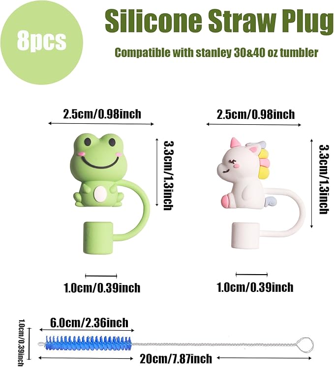 RENUIS 8Pcs Cute 10mm Animal Straw Covers Cap for Stanley Cup,Silicone Straw Toppers Compatible with Stanley 30&40 Oz Tumblers with Handle, Dust-Proof Reusable Lids Tumbler Cup Accessories