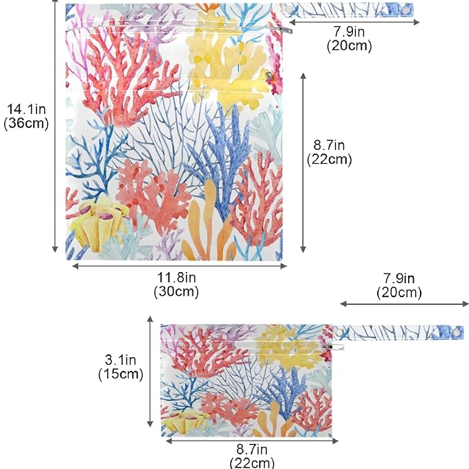 visesunny Colorful Coral Thick 2Pcs Wet Bag with Zippered Pockets Washable Reusable Roomy for Travel,Beach,Pool,Daycare,Stroller,Diapers,Dirty Gym Clothes, Wet Swimsuits, Toiletries