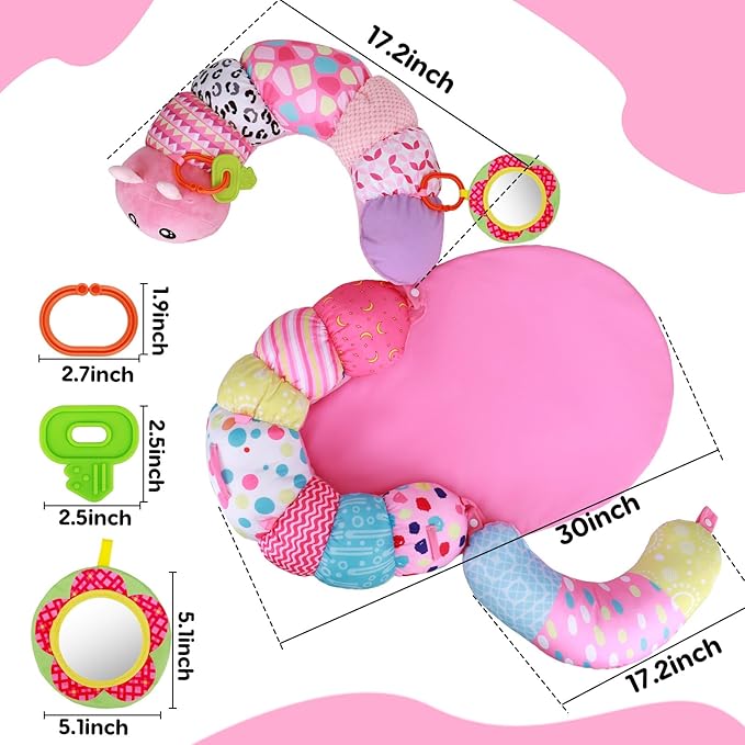 2 in 1 Baby Tummy Time Mat & Support Seated Pillow Infant Newborn Toys 0 1 2 3 4 5 6 Months Pink Caterpillar Sensory Developmental Playmat 0-6 3-6 12 Month Mirror Babies Girls Shower Valentines Gifts