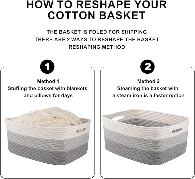 OIASKET Large Storage Basket for Organizing, Woven Rope Basket for Shelves, Closet Organizer Bins for Clothes, Blanket, Toys, Baby Nursery Storage, 17.7" x 13" x 7.87", 2 Packs Gradient Grey