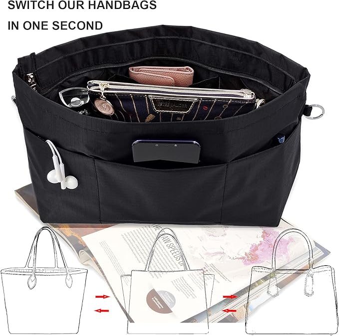 Time Wing Handbag Tote Purse Organizer Insert Bag Liner Shaper Divider Zipper 11 Pockets Compartments Large Black