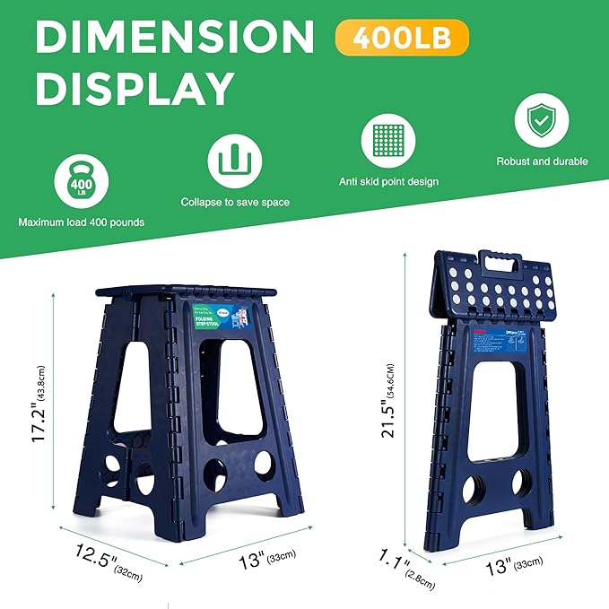 Dyforce 17.5 Inch Folding Step Stool 400lbs Capacity Sturdy Plastic Foldable Step Stools for Adults Stepping Stool with Handle Easy to Carry Handle Folding Stool for Kitchen (Royal Blue 1PC)