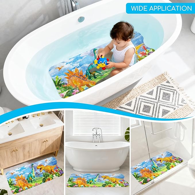 Omedecal Baby Bath Mat for Tub, Non Slip Kids Bath Shower Mat, 40 X 16 Inch Large Bathtub Mat with Drain Holes and Suction Cups for Toddlers, Machine Washable and Waterproof (Dinosaur)