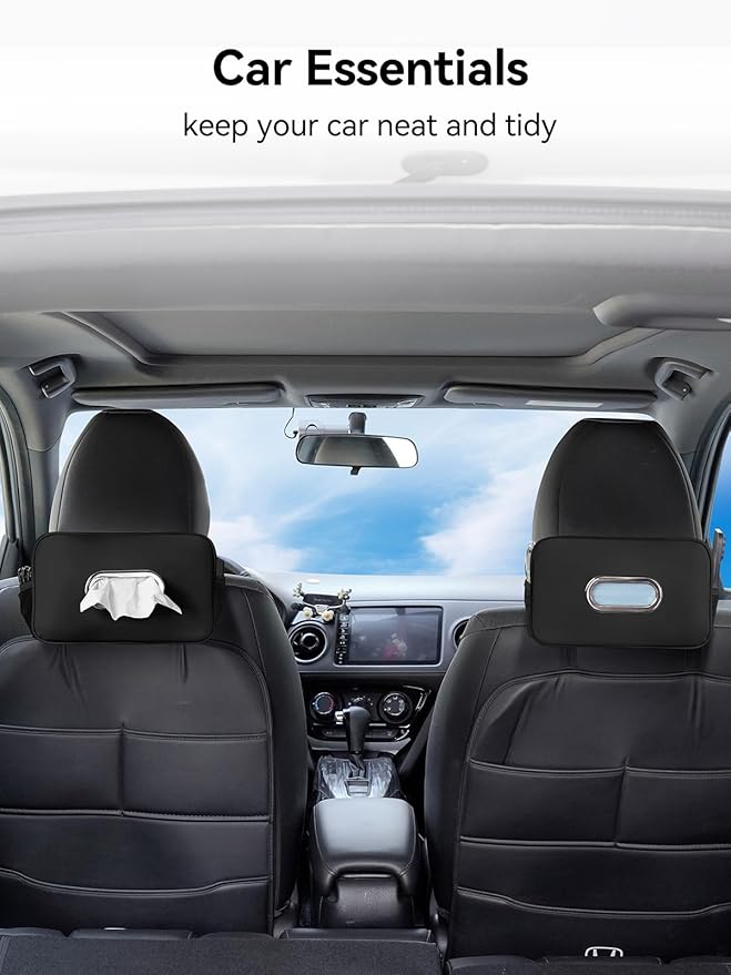 2Pack Multi-Functional Car Tissue Holder with 2 Tuck Nets, Upgraded PU Leather Tissue Box Cover, Large Rectangle Napkin Storage Organizer, Keep Car Tidy, Black