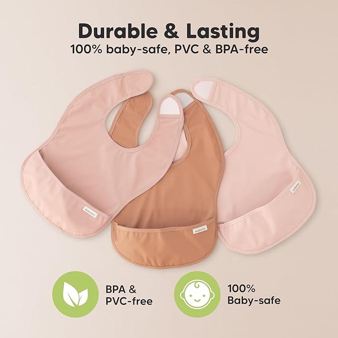 KeaBabies 3-Pack Waterproof Baby Bibs for Eating - Lightweight Toddler Feeding Bibs with Large Food Catcher, Mess Proof, Food-Grade Baby Eating Essentials, Easy to Put On & Clean (Fawn)