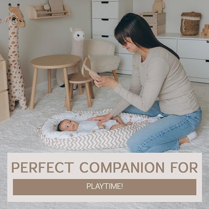 Aila + Aiden Baby Lounger | Organic Cotton Infant Lounger | Reversible, Adjustable & Portable Floor Lounger |Supervised Use | Soft, Breathable, Washable Cover - Star Collection (White/Tan)