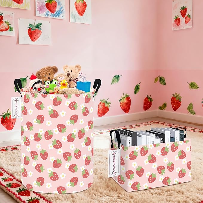 QUEENLALA Rectangular Laundry Hamper/Foldable Nursery Laundry Basket for Organizing/Storage Bin Baskets/Children Toy Office Bedroom/Toy Bin Closet Shelf Baskets(Rec-Pink Strawberry)