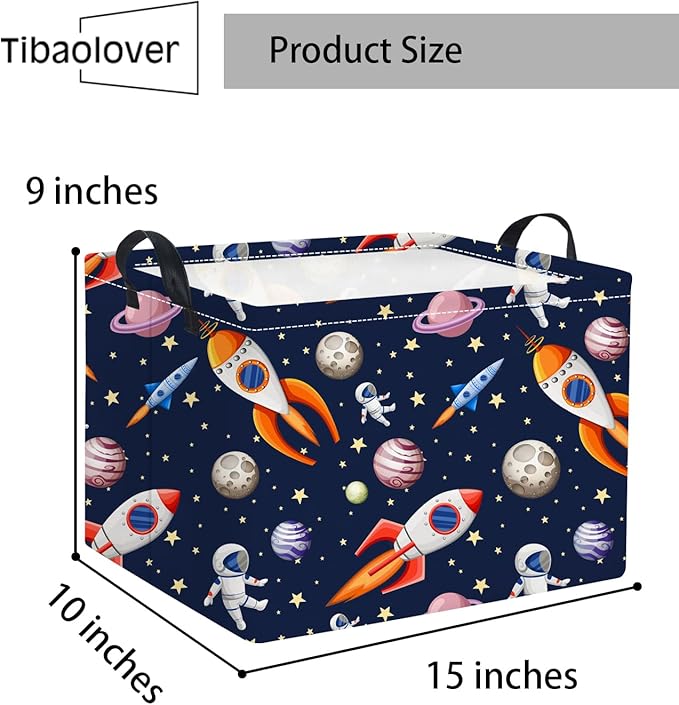 TIBAOLOVER Rectangular Baby Kids Storage Basket Boys for Home Kitchen Girls Cute Storage Bin Organizer Shelf Book Room Decor(Blue Spaceships)