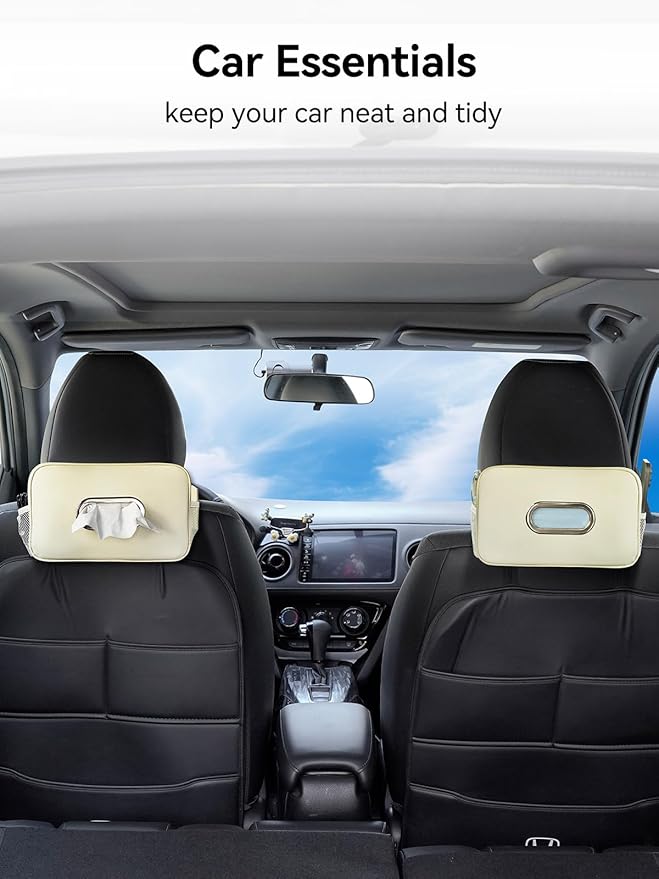 2 Pack Multi-Functional Car Tissue Holder with 2 Tuck Nets, Upgraded PU Leather Tissue Box Cover, Large Rectangle Napkin Storage Organizer, Keep Car Tidy, White