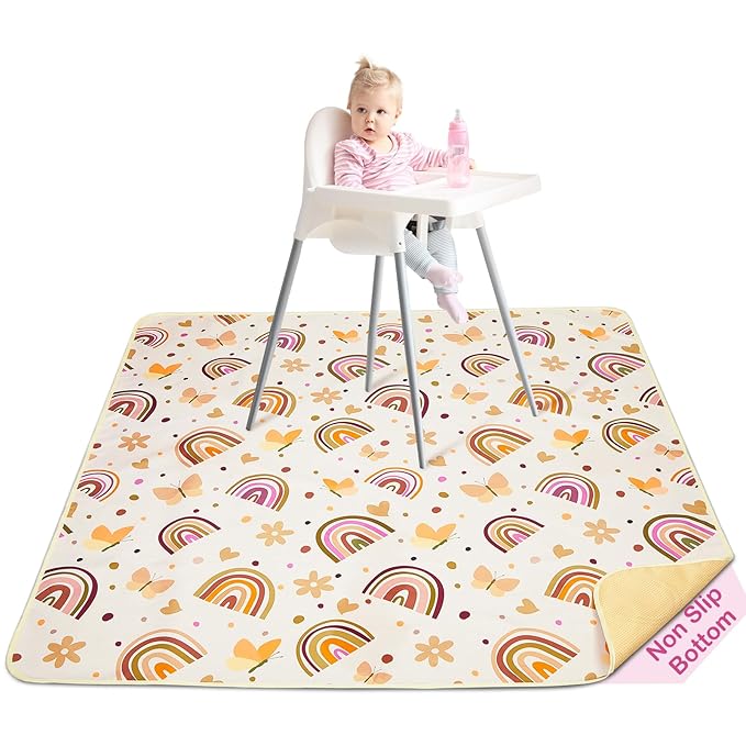 Basumee Splat Mat High Chair Food Catcher - Waterproof, Non Slip, Brown Rainbow, 51x51 Inches