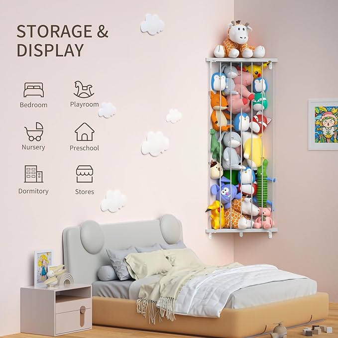 Stuffed Animal Storage Toy Organizer(Patented) - Large Corner Stuffed Animal Holder Length Adjustable - Wall Plush Storage for Nursery Playroom Bedroom Kids Room (Gray)