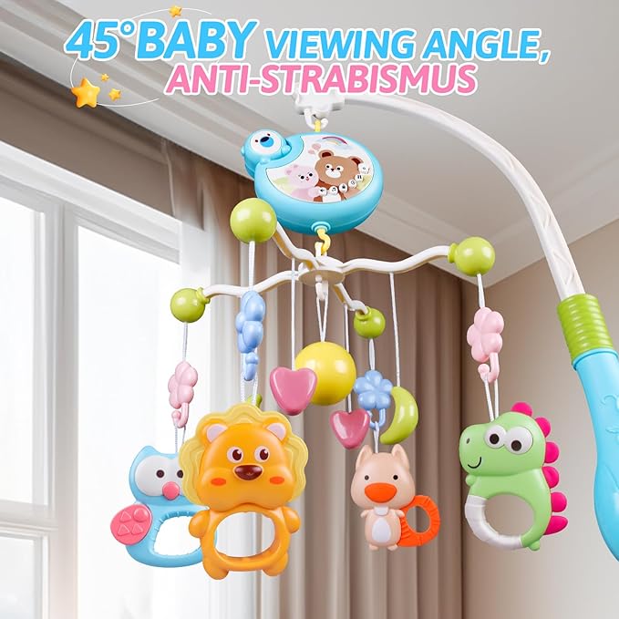 Crib Mobile with Music and Lights, Baby Mobiles for Cribs, Nursery Musical Mobile for Bassinets Toys Hanging Girls Boys, Pack and Play Space Portable Animal Mobile Hanger Arm Clip On Attachment